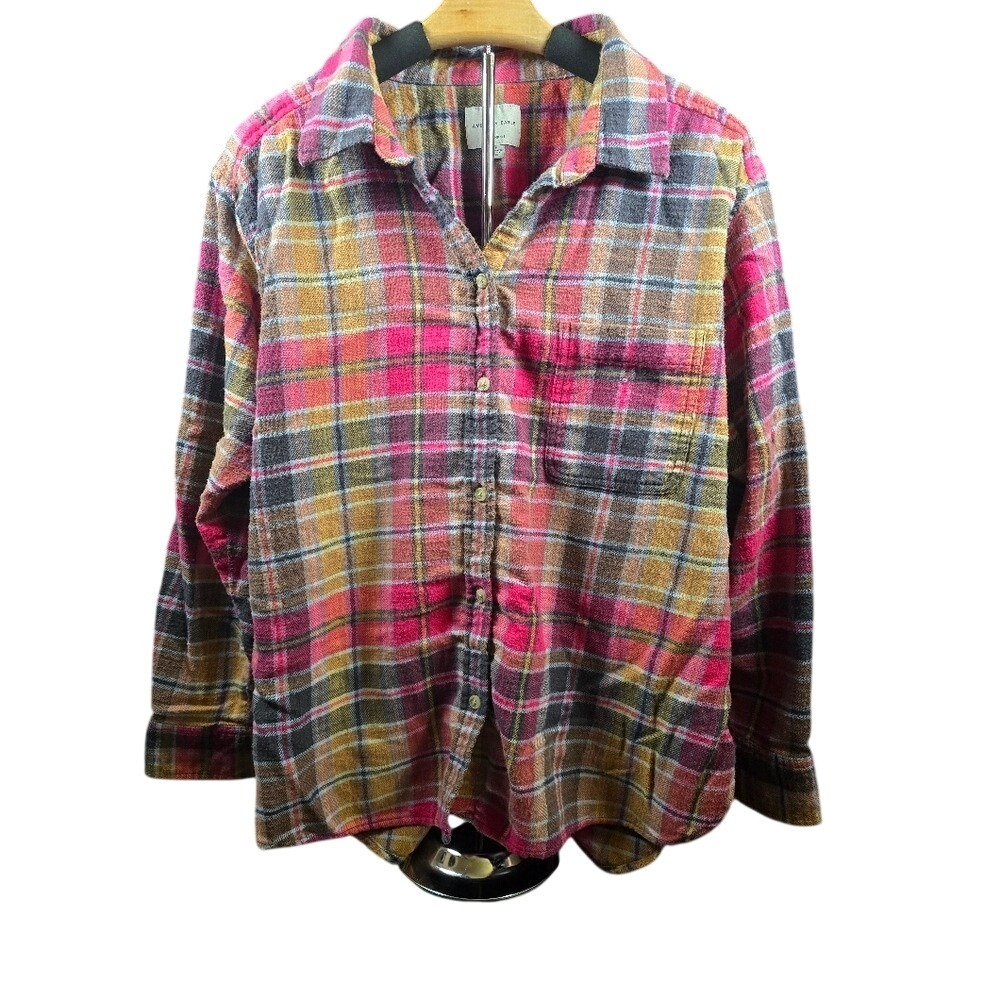 American Eagle Boyfriend Fit Flannel Shirt Pink Yellow Plaid Cotton Womens Large